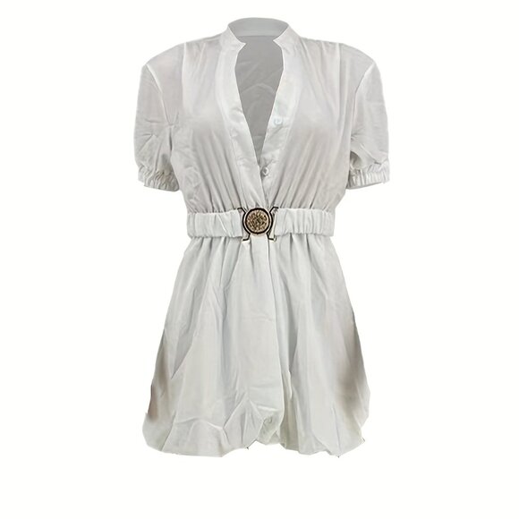 Elegant White A-Line Bubble Dress with Tie Waist - Picture 4 of 5